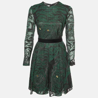 Pre-owned Valentino 1967 Green Metallic Animal Eye Pattern Lace Mini Dress M