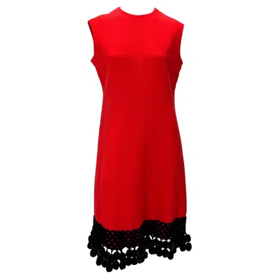 Pre-owned Valentino 1970s  Garavani Red Wool Black Wool Pom Pom Dress