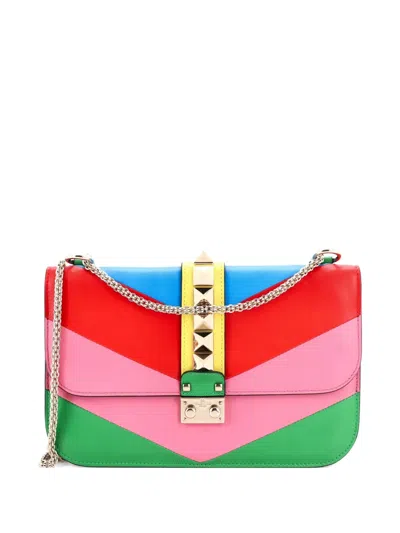 Pre-owned Valentino Garavani 1973 Glam Lock Striped Leather Medium Shoulder Bag In Pink