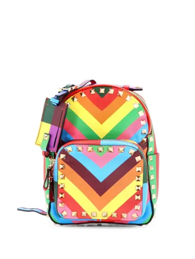 Pre-owned Valentino Garavani 1973 Rockstud Striped Leather Mini Backpack In Multicolour