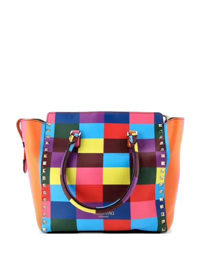 Pre-owned Valentino Garavani 1973 Rockstud Striped Leather Small Tote Bag In Multi