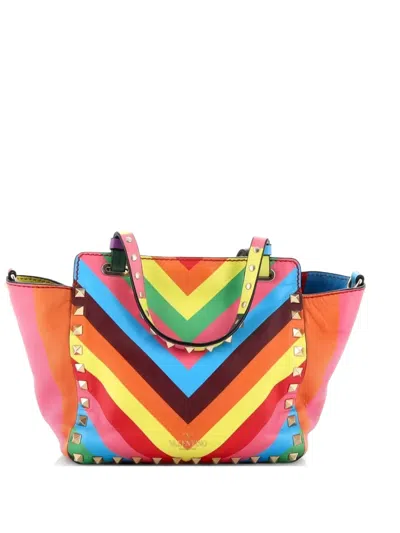 Pre-owned Valentino Garavani 1973 Rockstud Tote Striped Leather Mini Shoulder Bag In Multi