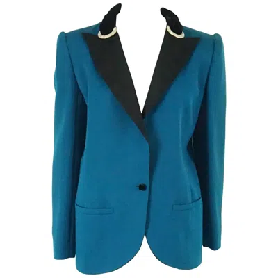 Pre-owned Valentino 1980's Turquoise Lightweight Wool Tuxedo Style Jacket-size 8 In Blue