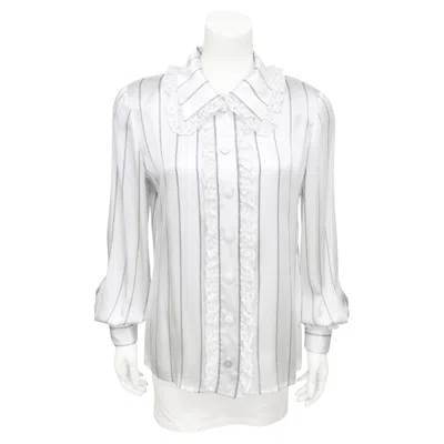 Pre-owned Valentino 1980's  Pinstripe Silk Blouse With Lace Ruffle In Gray