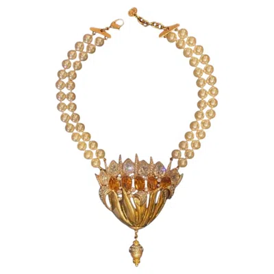 Pre-owned Valentino Garavani Valentino 1980s Gold Two Strand Pearl With Gold And Crystal Flower Necklace In Multiple