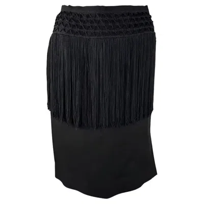 Pre-owned Valentino 1990s  Garavani Black Crochet Fringe Linen Pencil Skirt 8