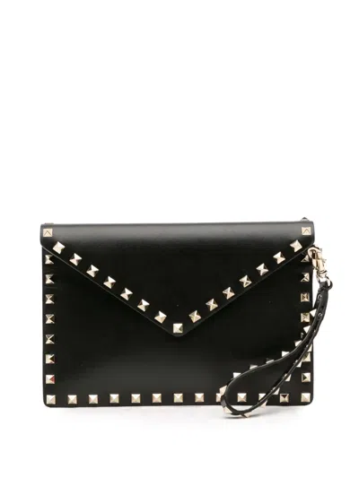 Pre-owned Valentino Garavani 2000-2017 Calfskin Rockstud Envelope Flat Wristlet Clutch Bag In Black