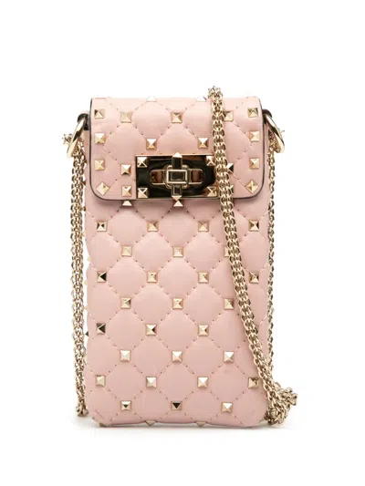 Pre-owned Valentino Garavani 2000-2017 Lambskin Rockstud Spike Phone Case Crossbody Bag In Pink