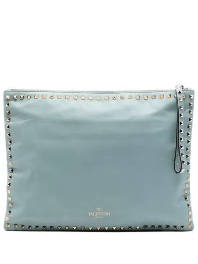 Pre-owned Valentino Garavani 2000-2017 Large Leather Rockstud Clutch Bag In Blue