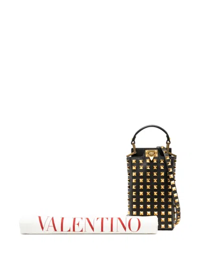 Pre-owned Valentino Garavani 2000-2017 Leather Rockstud Alcove Smartphone Case Satchel In Black