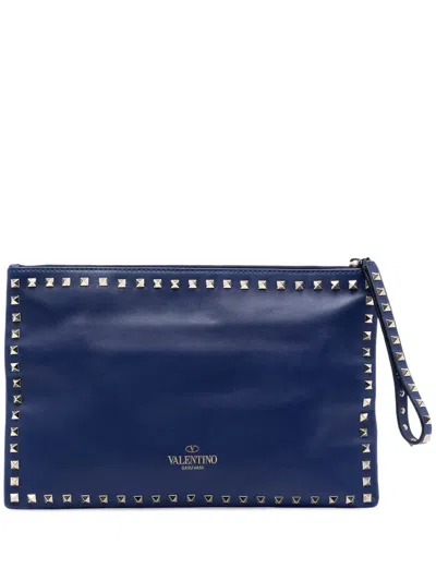 Pre-owned Valentino Garavani 2000-2017 Leather Rockstud Clutch Bag In Blue