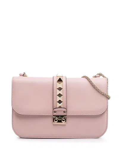 Pre-owned Valentino Garavani 2000-2017 Medium Calfskin Rockstud Glam Lock Crossbody Bag In Pink