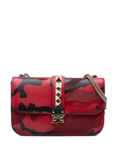 Pre-owned Valentino Garavani 2000-2017 Medium Nappa And Canvas Camouflage Rockstud Glam Lock Crossbody Bag In Red