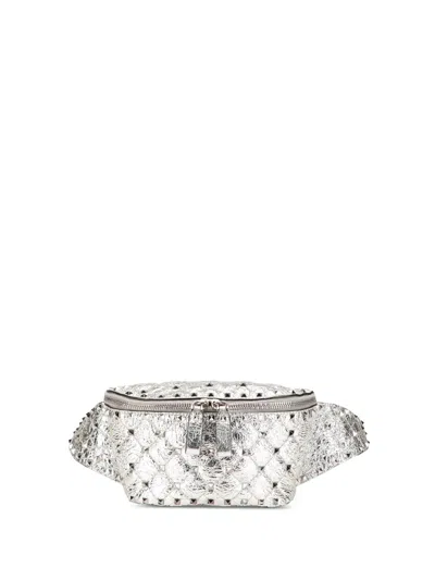 Pre-owned Valentino Garavani 2000-2017 Metallic Craquele Nappa Rockstud Spike Belt Bag In Silver