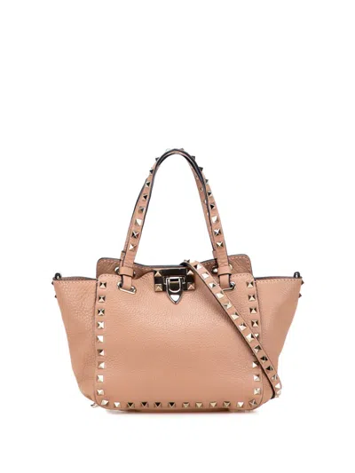 Pre-owned Valentino Garavani 2000-2017 Mini Grainy Calfskin Rockstud Satchel In Brown