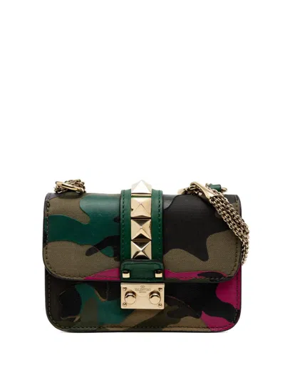 Pre-owned Valentino Garavani 2000-2017 Mini Nappa And Canvas Camouflage Rockstud Glam Lock Crossbody Bag In Green
