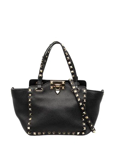 Pre-owned Valentino Garavani 2000-2017 Mini Pebbled Calfskin Rockstud Trapeze Satchel In Black