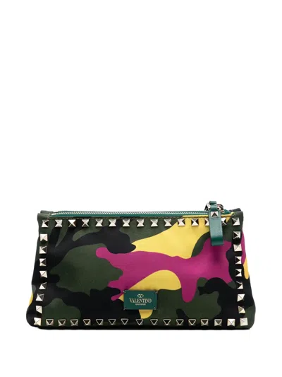 Pre-owned Valentino Garavani 2000-2017 Nylon Rockstud Camouflage Double Zip Clutch Bag In Green