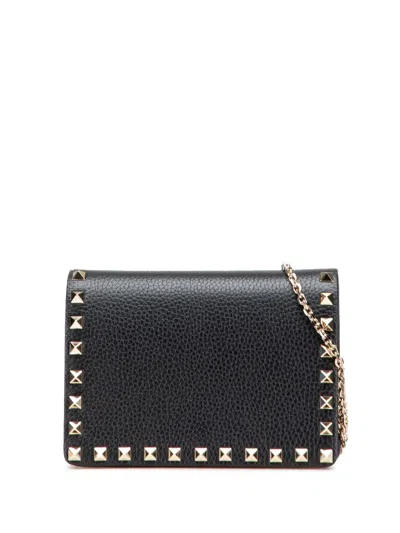 Pre-owned Valentino Garavani 2000-2017 Pebbled Calfskin Rockstud Chain Wallet Crossbody Bag In Black