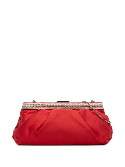 Pre-owned Valentino Garavani 2000-2017 Satin Pearl Embellished Frame Clutch On Chain Shoulder Bag In Red
