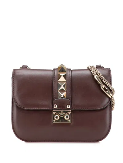 Pre-owned Valentino Garavani 2000-2017 Small Leather Rockstud Glam Lock Crossbody Bag In Brown