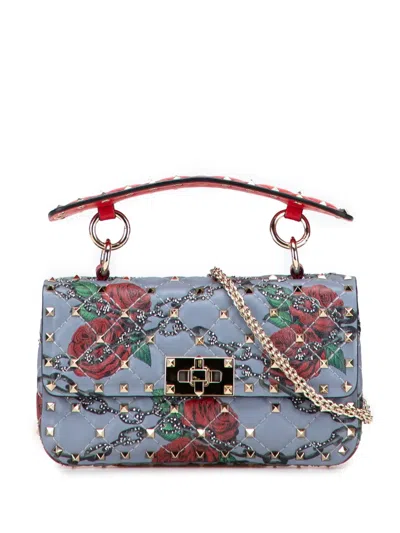 Pre-owned Valentino Garavani 2000-2017 Small Nappa Roses And Chains Rockstud Spike Satchel In Blue