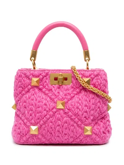 Pre-owned Valentino Garavani 2000-2017 Small Woven Wool Roman Stud The Handle Bag Satchel In Pink
