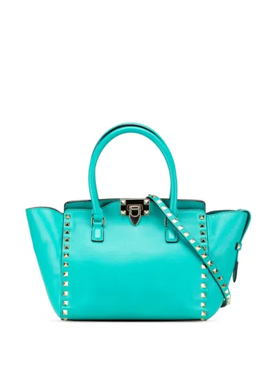 Pre-owned Valentino Garavani 2000-2024 Small Leather Rockstud Trapeze Satchel In Blue