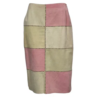 Pre-owned Valentino 2000 Autumn Collection Tan And Rose Patchwork Lambskin Skirt-size 10 In Red