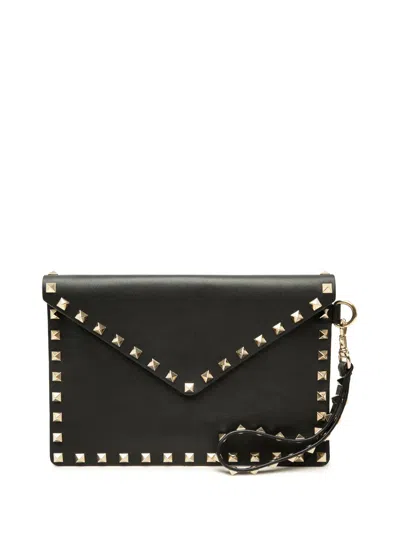 Pre-owned Valentino Garavani 2000-2017 Calfskin Rockstud Envelope Flat Wristlet Clutch Bag In Black