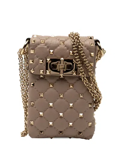 Pre-owned Valentino Garavani 2000-2017 Lambskin Rockstud Spike Phone Case Crossbody Bag In Brown