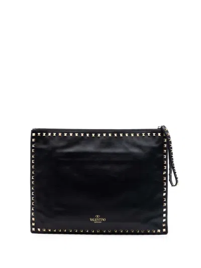 Pre-owned Valentino Garavani 2000-2017 Large Leather Rockstud Clutch Bag In Black