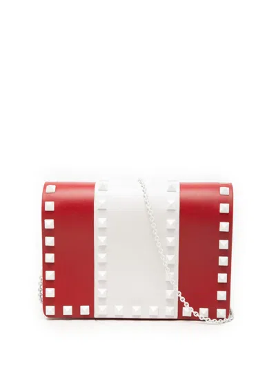 Pre-owned Valentino Garavani 2000-2017 Leather Colorblock Rockstud Wallet On Chain Crossbody Bag In Red