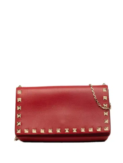 Pre-owned Valentino Garavani 2000-2017 Leather Rockstud Chain Flap Crossbody Bag In Red