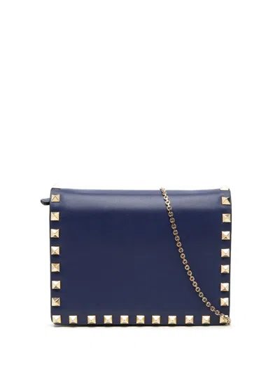 Pre-owned Valentino Garavani 2000-2017 Leather Rockstud Chain Pouch Crossbody Bag In Blue
