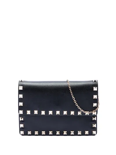 Pre-owned Valentino Garavani 2000-2017 Leather Rockstud Clutch On Chain Crossbody Bag In Black