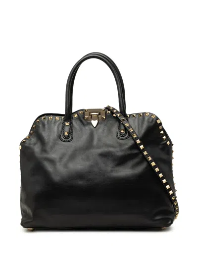 Pre-owned Valentino Garavani 2000-2017 Leather Rockstud Dome Double Handle Satchel In Black