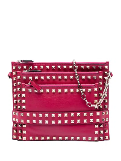 Pre-owned Valentino Garavani 2000-2017 Leather Rockstud Triple Zip Crossbody Bag In Pink