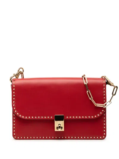 Pre-owned Valentino Garavani 2000-2017 Leather Rockstud Turnlock Chain Crossbody Bag In Red