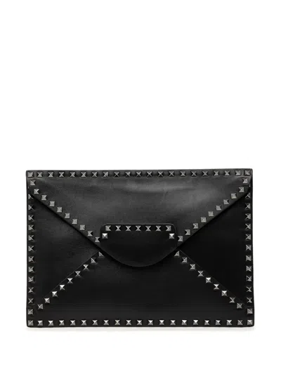 Pre-owned Valentino Garavani 2000-2017 Leather Rockstud Untitled Envelope Clutch Bag In Black