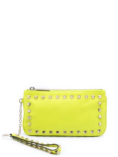 Pre-owned Valentino Garavani 2000-2017 Leather Rockstud Wristlet Pouch In Yellow