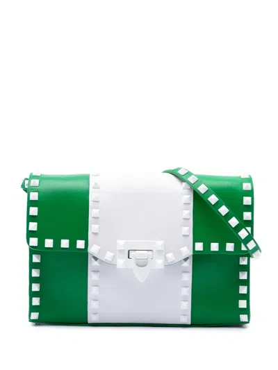 Pre-owned Valentino Garavani 2000-2017 Medium Leather Colorblock Rockstud Flip Lock Crossbody Bag In White