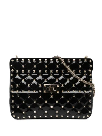 Pre-owned Valentino Garavani 2000-2017 Medium Patent Rockstud Spike Satchel In Black