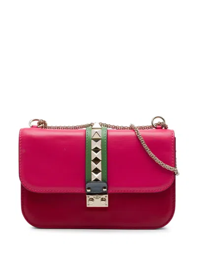 Pre-owned Valentino Garavani 2000-2017 Medium Tricolor Calfskin Rockstud Glam Lock Crossbody Bag In Red