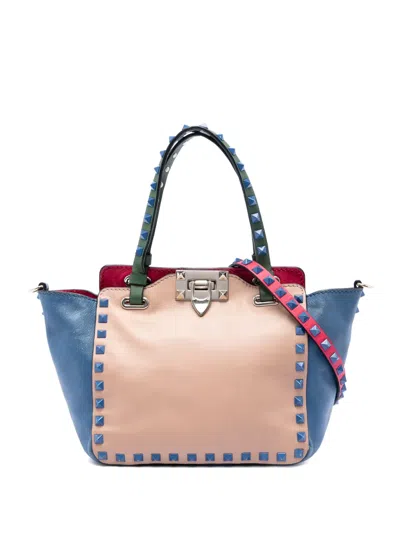 Pre-owned Valentino Garavani 2000-2017 Mini Leather Colorblock Rockstud Trapeze Satchel In Neutral