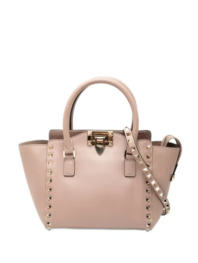 Pre-owned Valentino Garavani 2000-2017 Mini Leather Rockstud Double Handle Tote Satchel In Brown