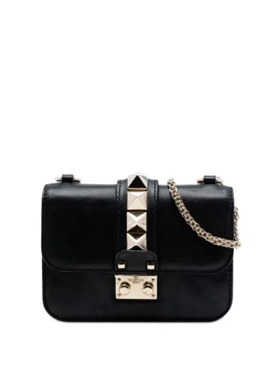 Pre-owned Valentino Garavani 2000-2017 Mini Leather Rockstud Glam Lock Crossbody Bag In Black