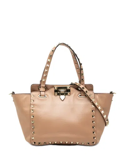 Pre-owned Valentino Garavani 2000-2017 Mini Leather Rockstud Trapeze Satchel In Brown
