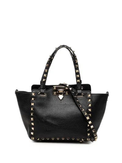 Pre-owned Valentino Garavani 2000-2017 Mini Pebbled Calfskin Rockstud Trapeze Satchel In Black