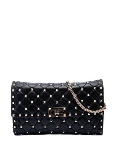 Pre-owned Valentino Garavani 2000-2017 Nappa Rockstud Spike Wallet On Chain Crossbody Bag In Black